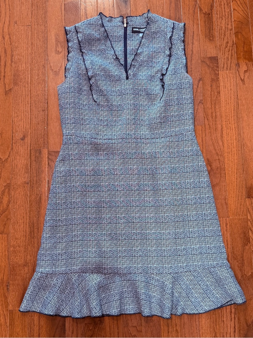 Karl Lagerfeld Blue Gray Tweed Ruffle-Hem Sheath Dress